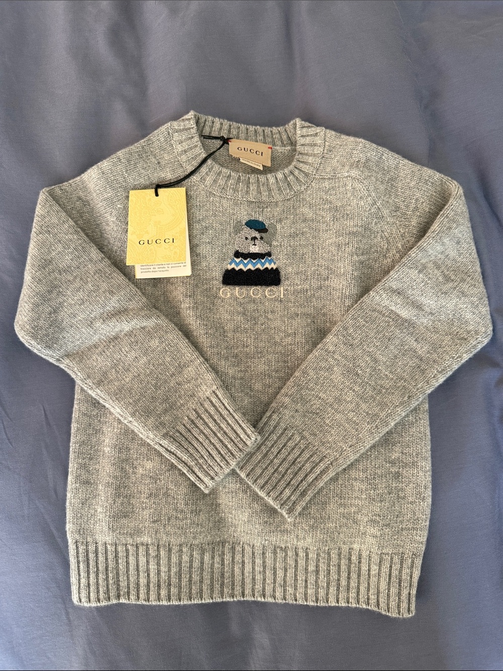Gucci Gray Wool Crewneck Sweater with Embroidered Patch